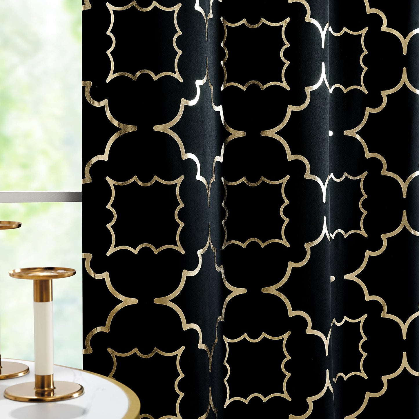 Purainbow Black Blackout Curtains for Bedroom Living Room with Gold Foil Print Panels Room Darkening Energy Saving Grommet 95% Blackout Drapes for Patio Hall Studio, 2 Panels, 52" Wx63 L