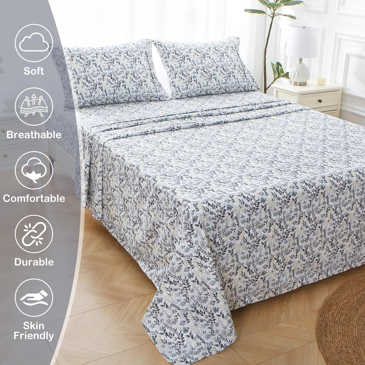 Mooreeke Cozy Vintage Microfiber Printed King Sheet Set - Soft Breathable Percale Cotton Floral Bed Sheets with Deep Pocket - Non-Slip Fitted Design - Yellow Blue Gray Gradient Flowers Pattern
