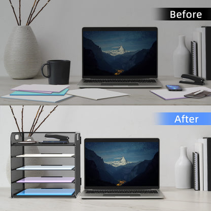 Supeasy 5 Trays Paper Organizer Letter Tray with Handle-Mesh Desk File Organizer, Paper Sorter Desk Organizer for Office, Home or School