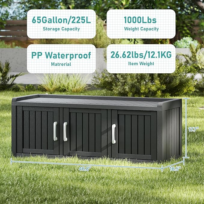 2-Tier Storage Bench, Waterproof UV-Resistant Outdoor Shoe Storage Cabinet with 3 Doors & Adjustable Shelves for Indoor Outdoor Entryway, Hallway, Living Room (Black)