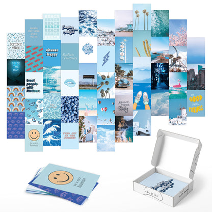 HAUS AND HUES Blue Photo Collage Kit for Wall Aesthetic Décor Beach Aesthetic Posters & Aesthetic Pictures | Aesthetic Blue College Room Decor (Set of 50)