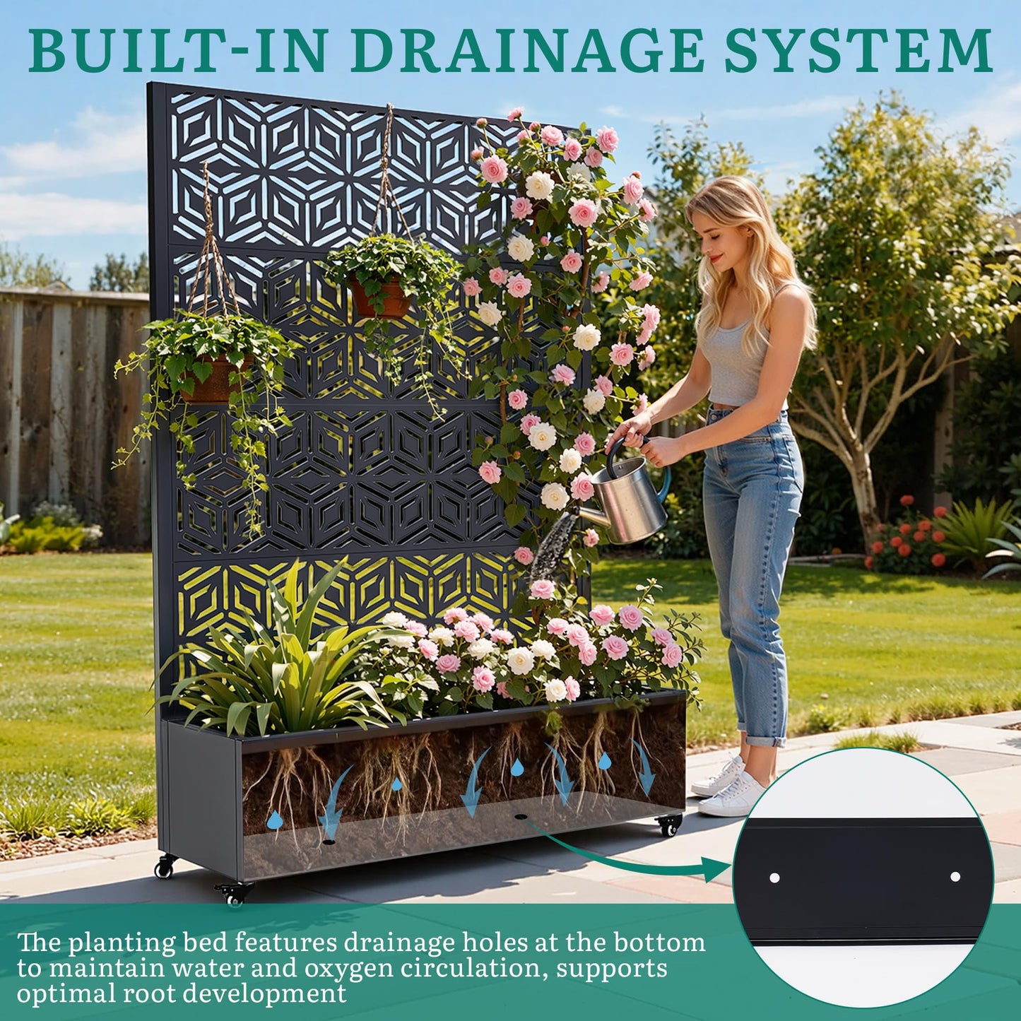 Ultym Metal Planter Box with Trellis 73"x47"x16", Galvanized Steel Raised Garden Bed with Privacy Screen, Lockable Casters, Planter with Drainage Holes for Outdoor Climbing Plants, Vegetables, Patio