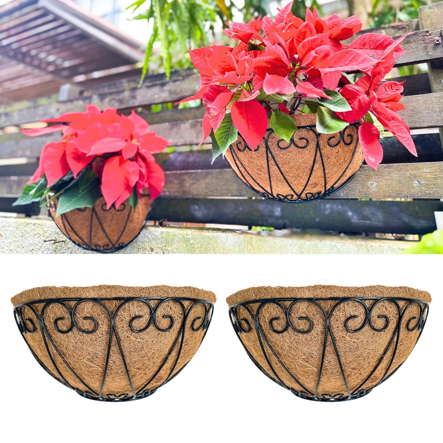 LaLaGreen Outdoor Wall Planters (2 Pack, 16 Inch) Black Metal Wall Mounted Hanging Basket with Coco Liner, Large Flower Pot Plant Holder Planter for Fence Railing Deck Porch Balcony Modern Home Decor