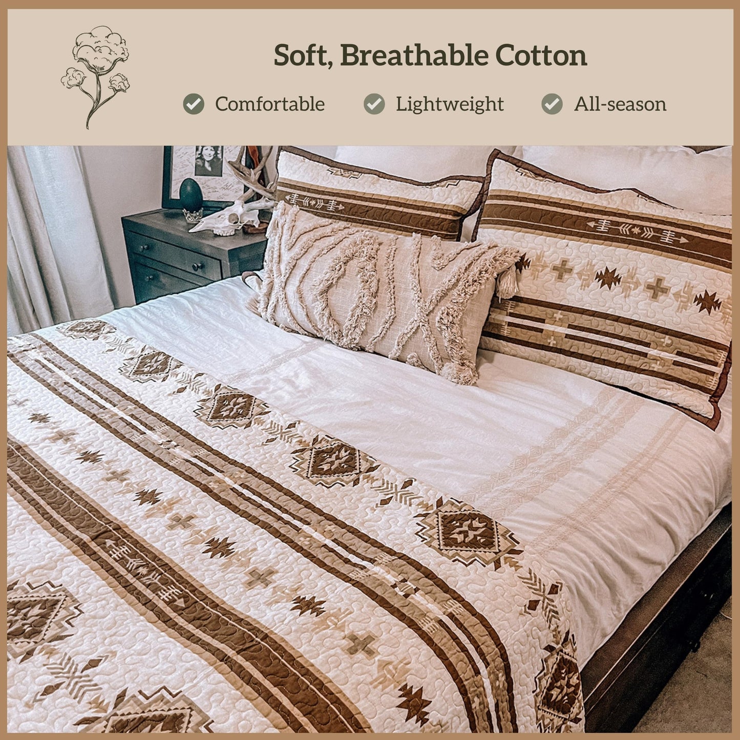 Paseo Road Dakota King Quilt Set, 3 Piece Rustic Western Bedding Set with Pillow Sham, Lightweight Reversible Cotton Quilt with Southwestern Aztec Pattern, Soft Breathable Cozy Boho Bedding