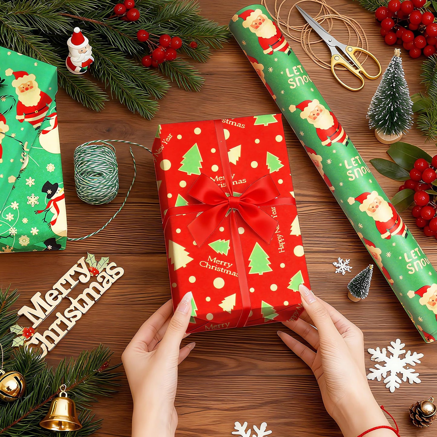 ENFANTRY Christmas Wrapping paper Rolls,3 Rolls Red and Green Xmas Wrapping Paper, Gift Wrapping Paper Christmas Bundle,Xmas tree Santa for Chrimas, Birthday, New Year, Valentines, Wedding, Holiday Deco, DIY