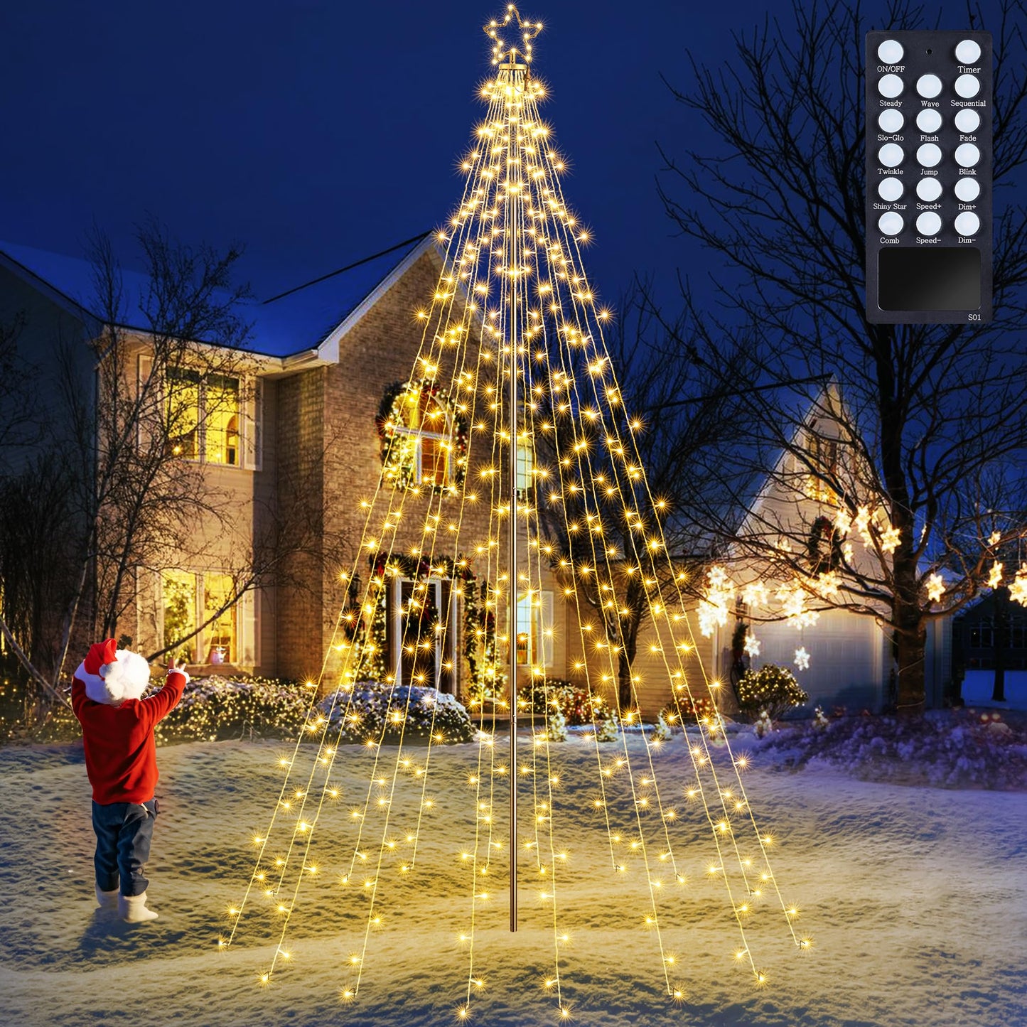 Flacchi Christmas Outdoor Star String Lights - Pole Set with Remote, Multiple Lighting Modes, Timer, and Waterproof Feature (Warm White, 10FT/404LED)