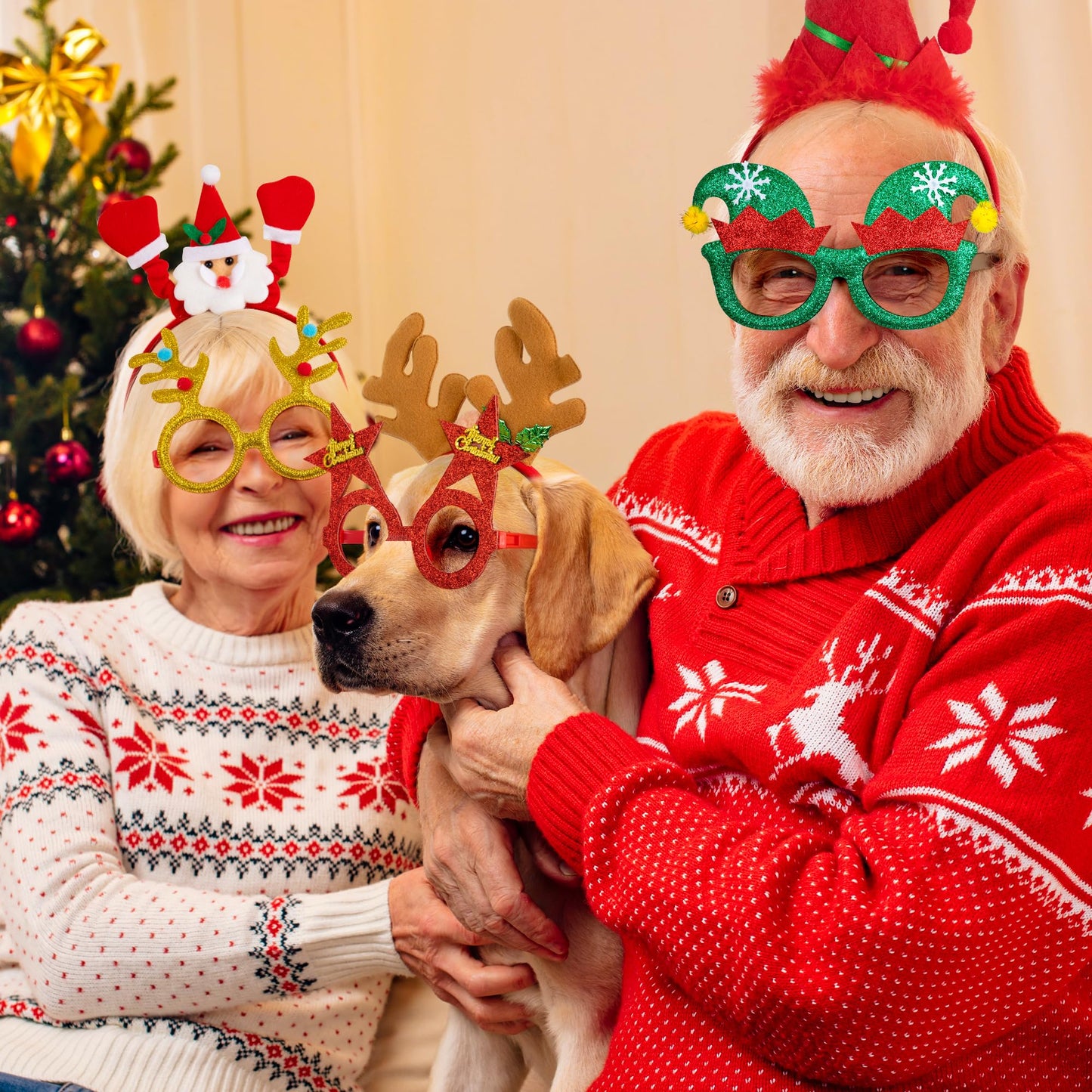48 Pcs Christmas Glasses Frame and Headbands Set, Cute Christmas Head Boppers and Glasses with 24 Designs Santa Hat Leprechaun Snowman Reindeer Antler, Christmas Party Favors, Accessories, Supplies