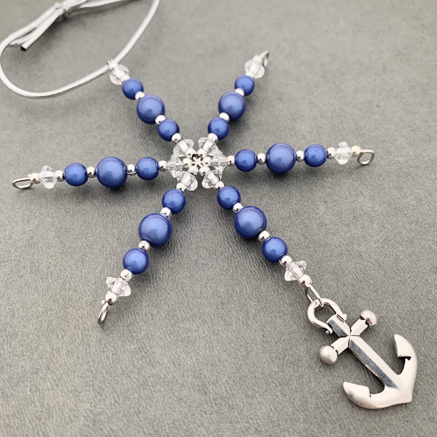 Beaded Snowflake Christmas Ornament Pewter Anchor Charm Blue Miracle Beads