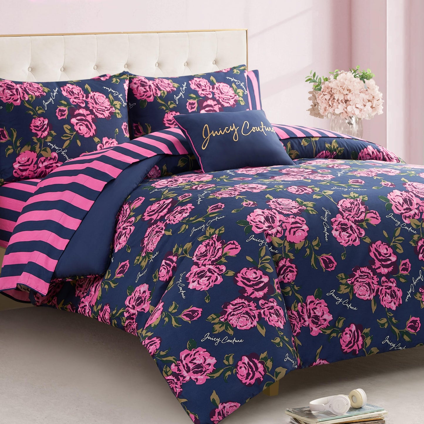 Juicy Couture Rose Logo King Comforter Set, Navy/Pink – 8-Piece Complete Bed in a Bag