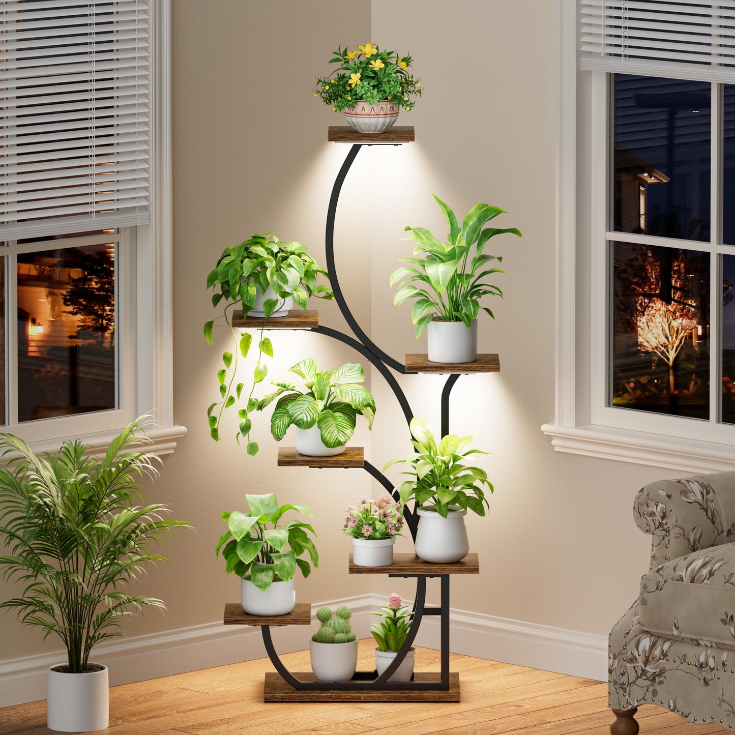 Plant Stand Indoor with Grow Lights - Lighted Indoor Plant Shelf, 57" 7 Tier Corner Plant Stands for Indoor Growing, Tall Flower Display Shelf, Metal S-Shaped Holder for Living Room, Bedroom, Black