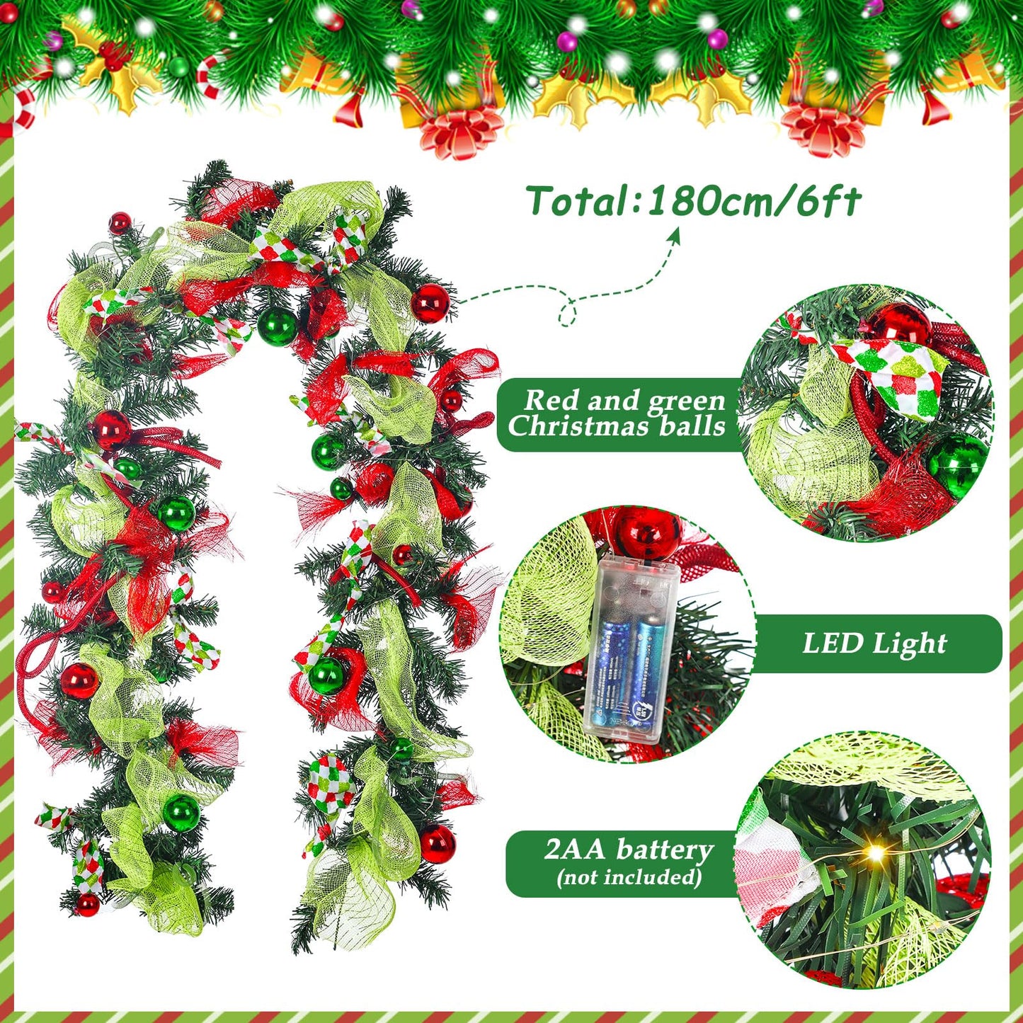 Riceshoot 6 ft Red and Green Christmas Garland with Lights for Mantle Bright Green Whimsical Xmas Garland with Red Green Balls for Front Door Fireplace Porch Table Centerpiece Outdoor Party Decor