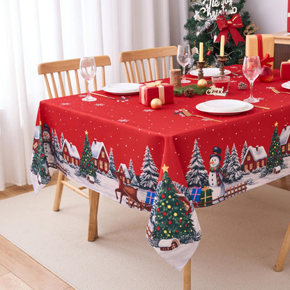 Christmas Tablecloths Rectanglar Winter Snowman Farmhouse Christmas Tree Table Cloth- 60 x 84 Oblong Polyester Red Xmas Table Cover Washable Waterproof for Holiday Decoration Party Kitchen Dining