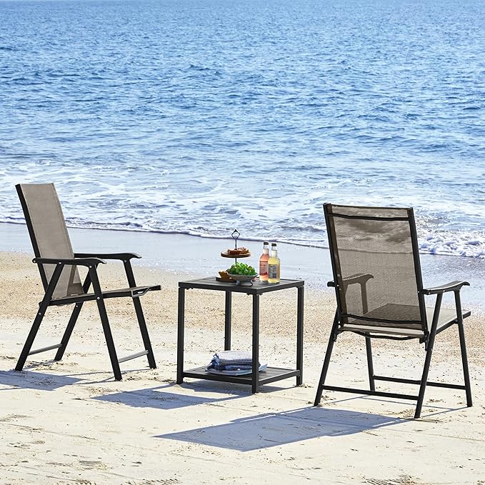 Yaheetech Outdoor Patio Chairs Set of 4, Portable Dining Chairs with Armrests for Camping, Lawn Yard Beach, Folding Outdoor Chairs 4-Pack with Metal Frame, Brown