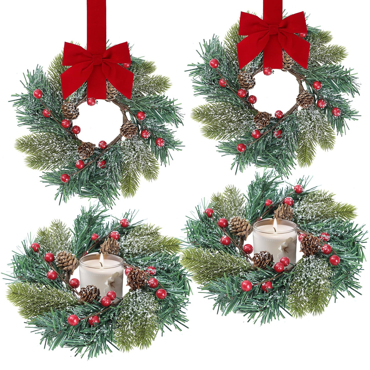 Sggvecsy 4 Pcs Christmas Candle Rings Norfolk Pine Wreath Table Centerpieces Artificial Red Berries Pinecones Small Wreaths Kitchen Cabinets Pillars Mini Candle Rings for Window Front Door Decor