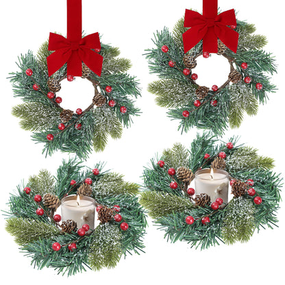 Sggvecsy 4 Pcs Christmas Candle Rings Norfolk Pine Wreath Table Centerpieces Artificial Red Berries Pinecones Small Wreaths Kitchen Cabinets Pillars Mini Candle Rings for Window Front Door Decor