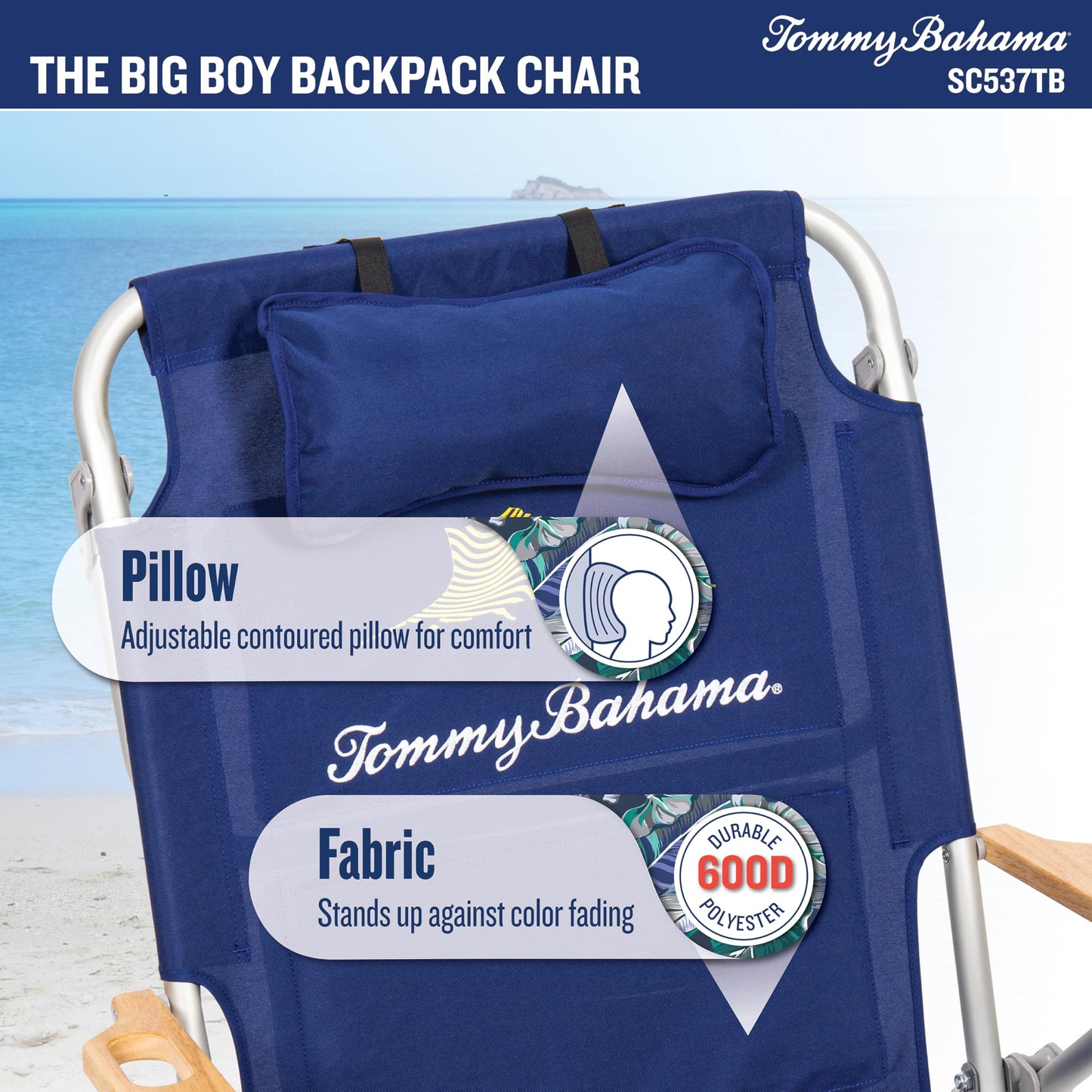 Tommy Bahama Big Boy 4-Position Folding 13" High Seat Backpack Beach or Camping Chair, Aluminum, Navy