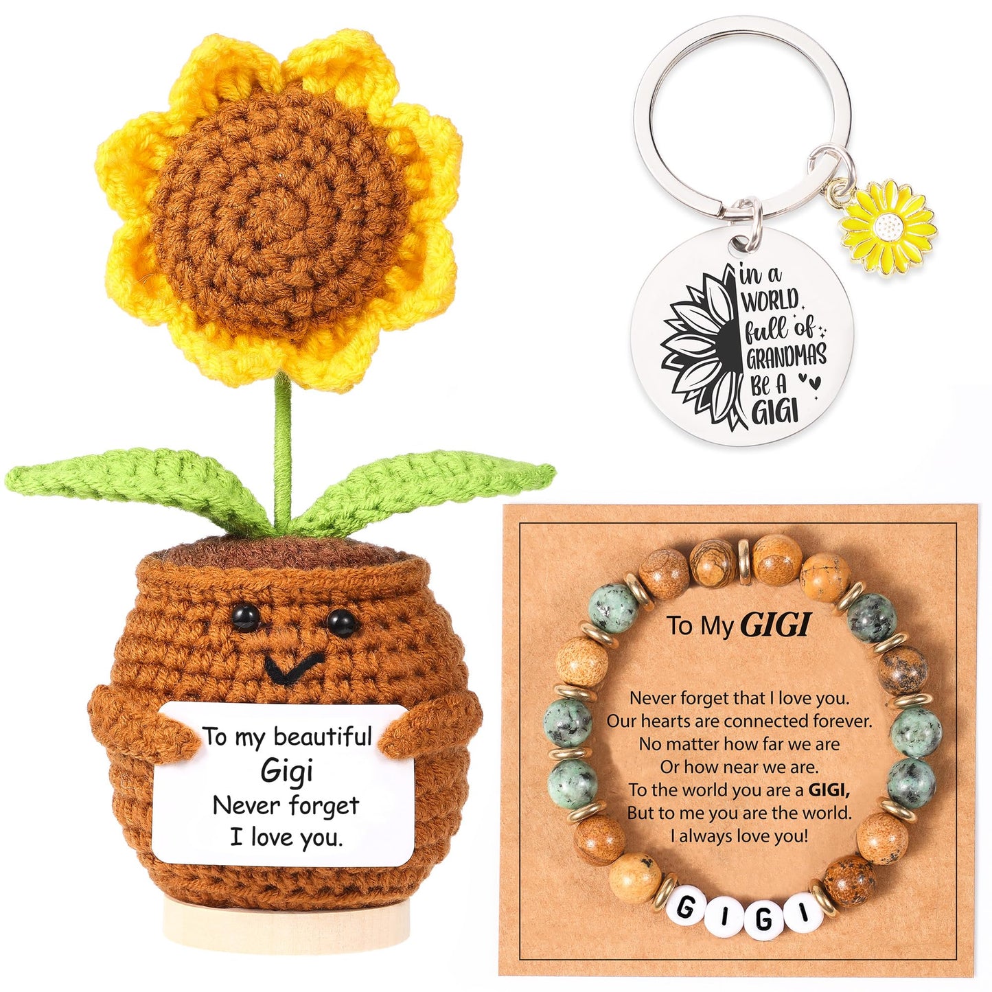 Lamyba Gigi Gifts for Grandma, Sunflower Crochet Decor, Natural Stone Adjustable Bracelet and Keychain Set, Christmas Birthday Mothers Day Gift for Gigi from Grandkids