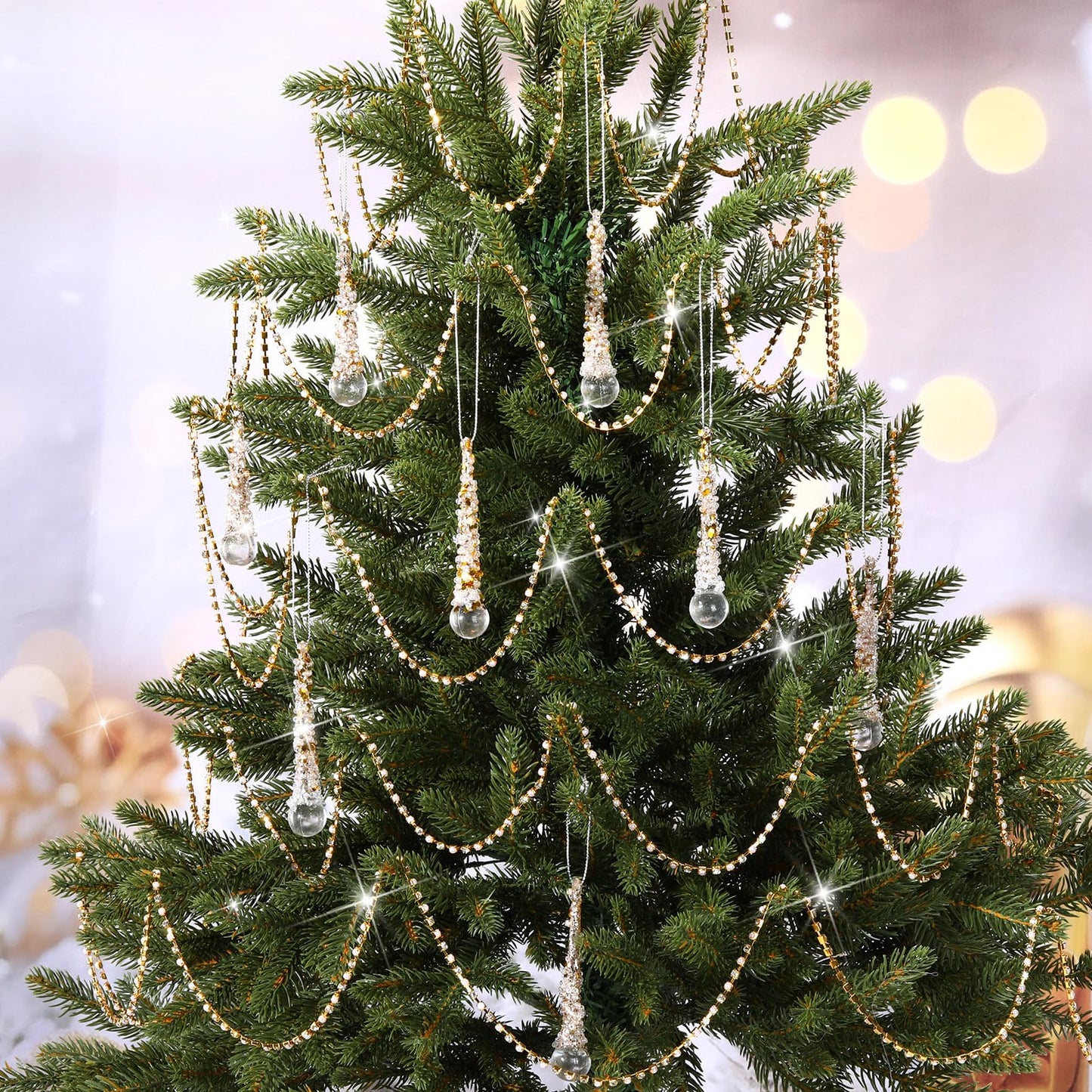 Soulchen 9pcs Crystal Icicle Christmas Tree Ornaments Crystal Gold Tree Garland Set 4 Inch Clear Raindrop Hanging Pendants 33 ft Gold Pearl Garland String for Christmas Wedding Party Decoration