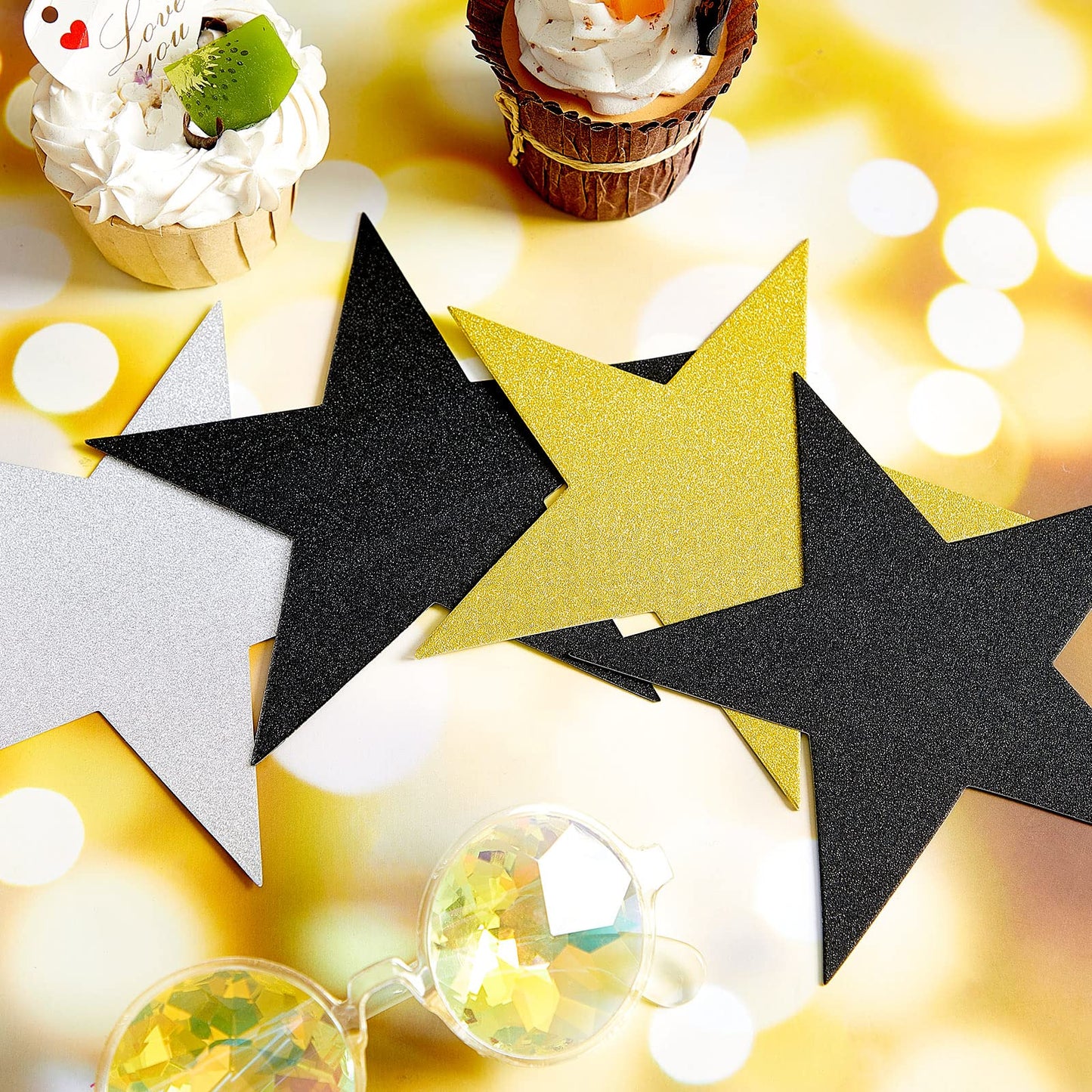 Gejoy 80 Pieces Glitter Stars Cutouts Gold Stars Decoration Double Printed Paper Star for Movie Night Bulletin Board Decoration Classroom Wall Graduation Party Decorations 6 Inches Gold, Silver, Black