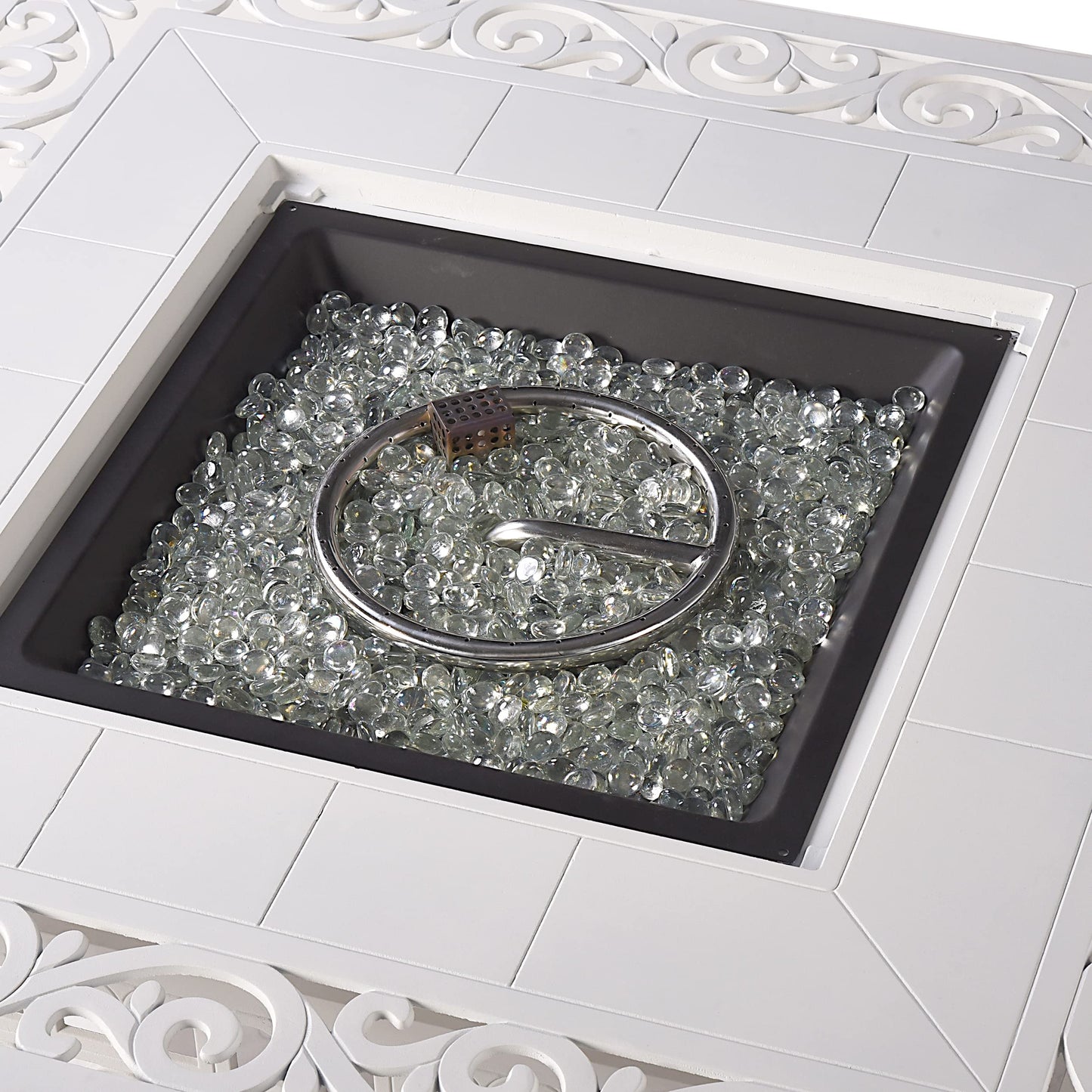 Oakland Living Square 42 in. x 42 in. Aluminum Propane Fire Pit Table with Glass Beads, Two Covers, Lid, 57,000 BTUs in White Finish