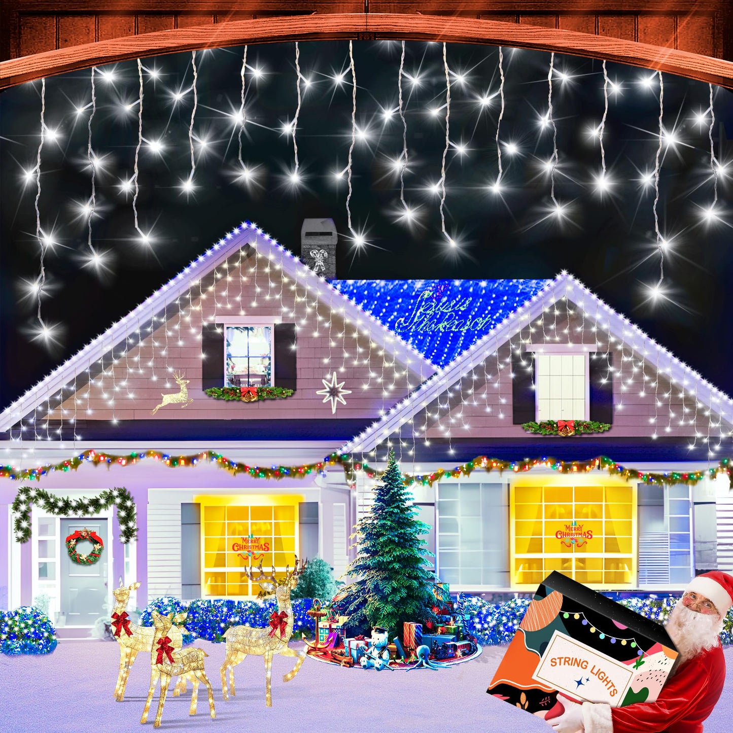 XURISEN 66ft Christmas Lights Decorations Outdoor, 640 LED 8 Modes Curtain Fairy Lights with 120 Drops,Plug in Waterproof Timer Memory Function for Christmas Holiday Wedding Party Decor(Cool White)