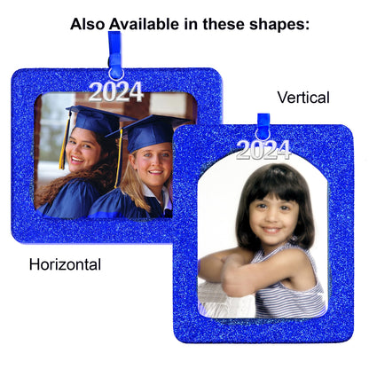 2024 Photo Ornaments for Christmas Tree, Sparkly Glitter Christmas Frame Ornament, Easy-Load Magnetic Design, Includes Satin Ribbon with Silver Charm Plus Photo Protector, Round, Blue