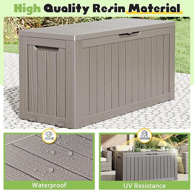 Outdoor Storage Box, Resin Deck Boxes Indoor and outdoor, Waterproof Storage Box Lockable Lid (Grey, 75 Gallon)