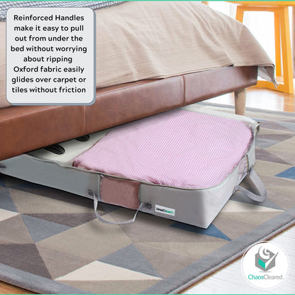 Under Bed Storage Containers for Toys, Clothes, Shoes etc. Underbed Organizer Bag that slides Under the bed without friction or wheels. Low profile 6 height is great for under the couch or other