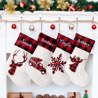 LUBOT Pack Personalized Christmas Stocking(20inch) Silhouette Buffalo Red Plaid/Rustic/Farmhouse/Country Fireplace Hanging Xmas Stockings Decorations for Family Holiday Season