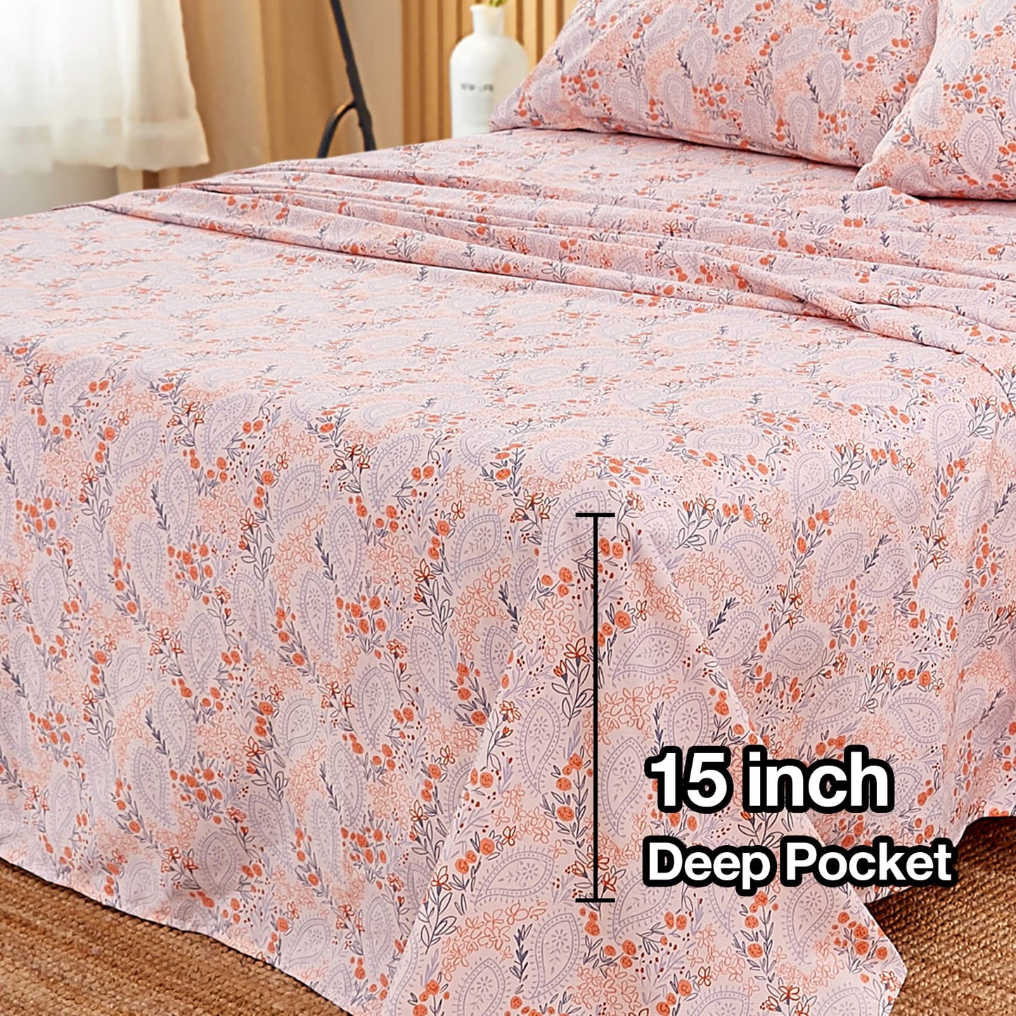 JSD Pink Paisley Floral Sheet Set Full Size, 4 Piece Soft Printed Microfiber Sheets Extra Deep Pocket