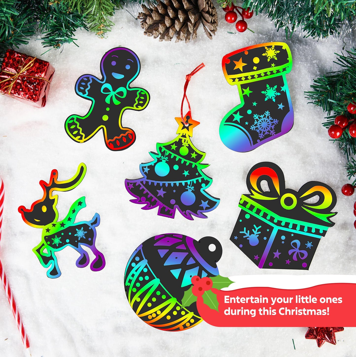 JOYIN 48 Pcs Christmas Scratch Art Ornaments, Rainbow Color Scratch Paper in Front Side & Coloring Card in Back Side, Scratch Off Kids Party Favors Supplies, Holiday DIY Art Craft Kit Activities Gifts