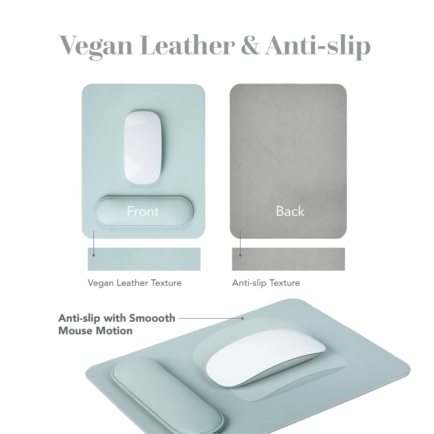 HABITU Vegan Leather Sage Green Mouse Pad with Removable Magnetic Wrist Support & Anti-Slip Base, Ergonomic Mouse Pad with Wrist Rest, Cute Office Desk Accessories for Women and Men