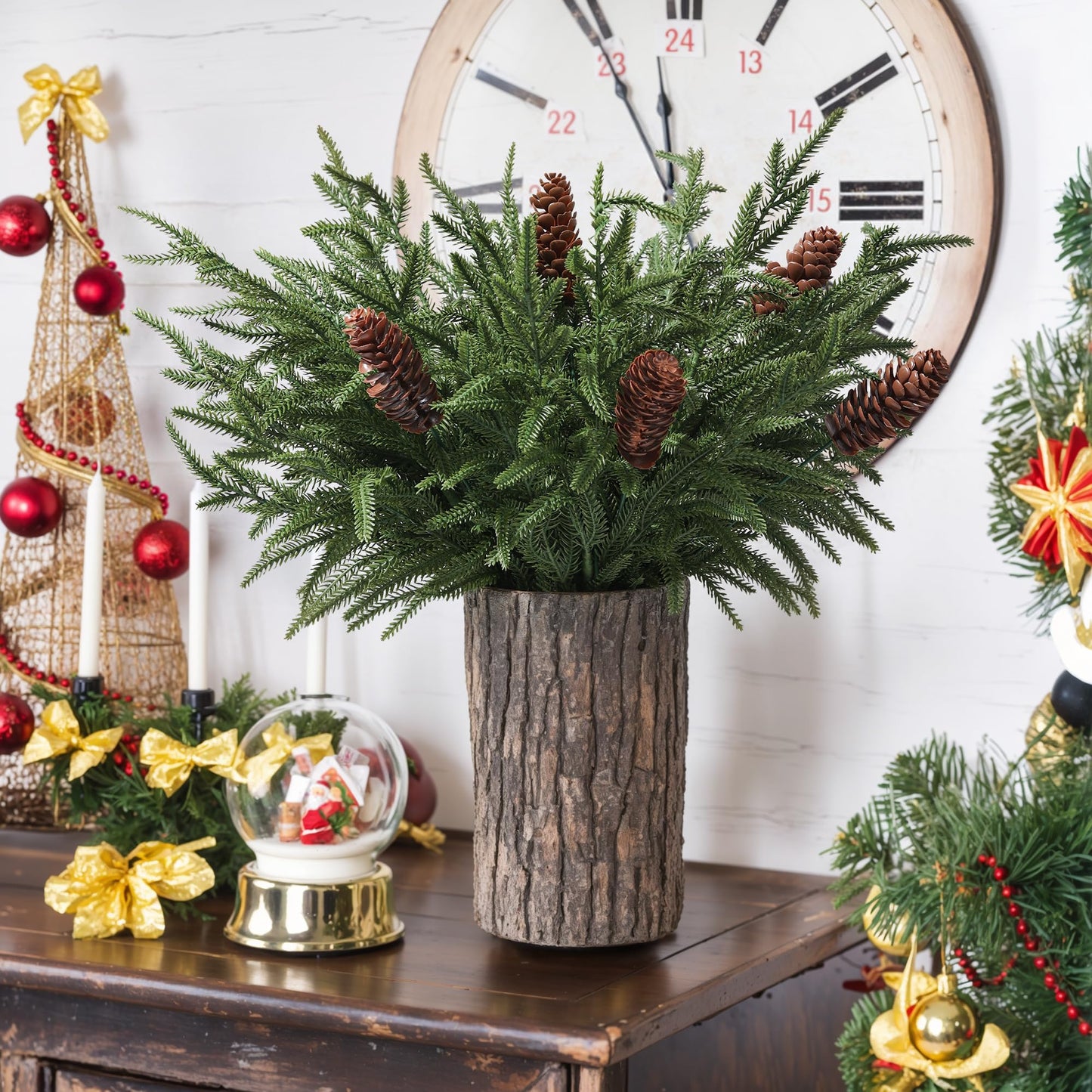 florisso Artificial Christmas Norfolk Pine Stems Branches for Vases,12 Bundles Faux Pine Branches with 5 PCS Big Pinecones Stems Fake Greenery Evergreen Real Touch for Holiday Winter Table Xmas Decor