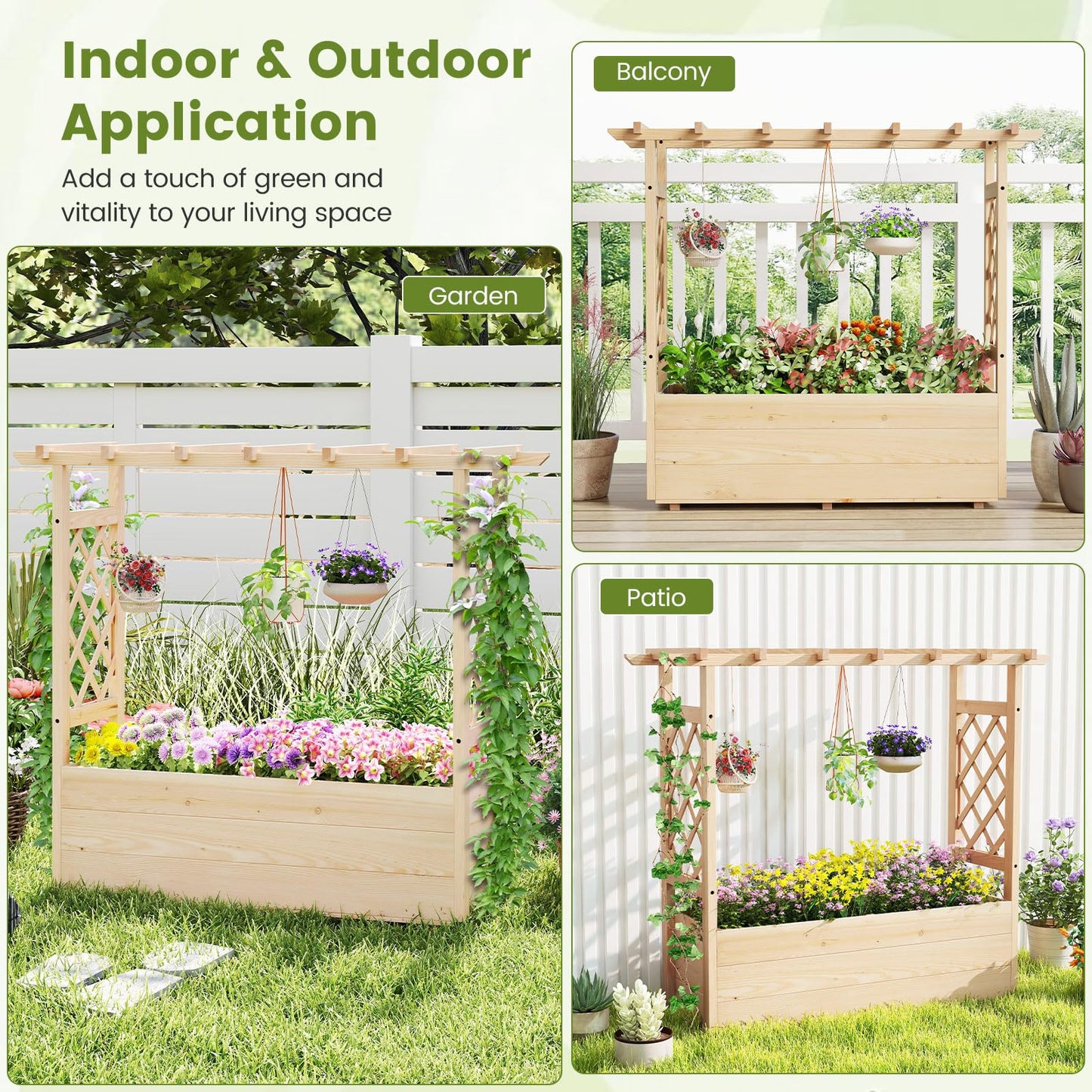 Giantex Raised Garden Bed with Sided Trellis & Hanging Roof, Wood Planter Box, Freestanding Garden Planter Raised Bed for Flowers Herbs Climbing Vines 45”x16”x41” (L x W x H)