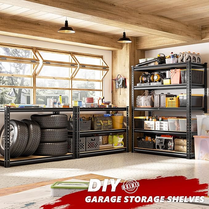 REIBII 2400LBS Garage Shelving Heavy Duty 5 Tier Storage Shelves Adjustable Garage Shelves, Utility Rack Shelf, Shelving Units for Storage Warehouse Pantry Closet, 35.5" W x 11.9" D x 72" H, 2 Pack