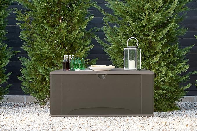 Rubbermaid Extra Large Resin Outdoor Storage Deck Box with Seat (120 Gal), Weather Resistant, Brown, Deck Organization for Home/Backyard/Pool Chemicals/Toys/Garden Tools/Porch/Patio Cushions
