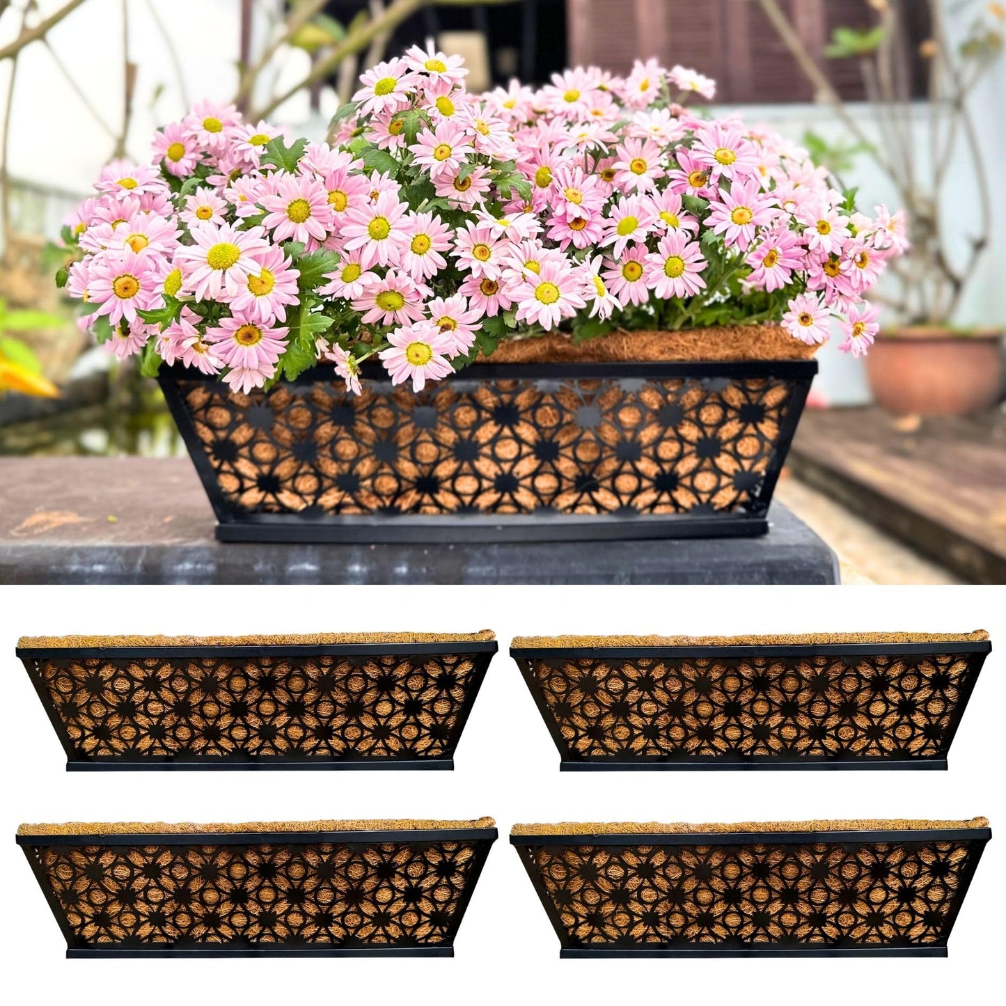 LaLaGreen Window Box Planter for Outdoor Plants (4 Pack, 16 Inch) Black Metal Rectangular Flower Pot Wall Planters with Coco Liner, Modern Horse Trough Railing Garden Balcony, Patio, Fence, and Deck