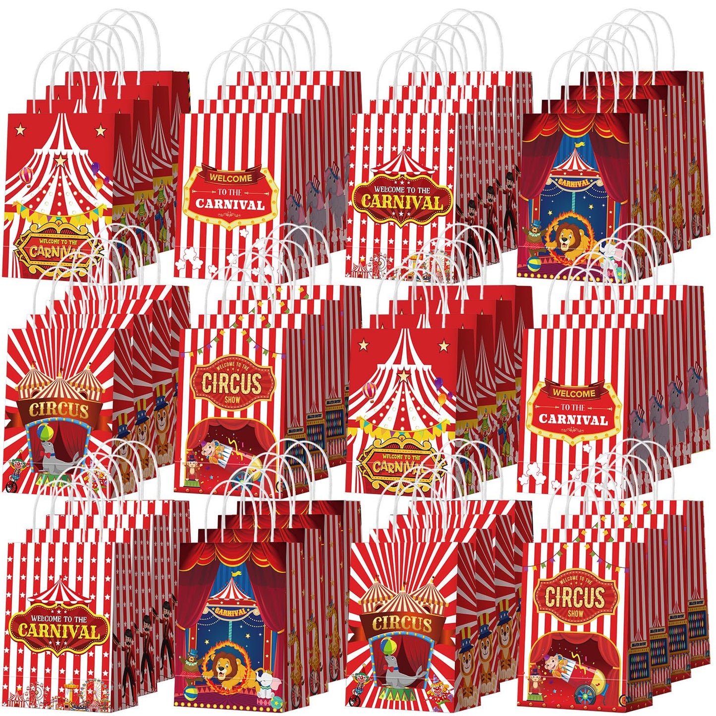 Kolldenn 48 Pcs Carnival Party Favor Bags Circus Gift Goodie Paper Bags with Handles Red White Stripe Circus Treat Candy Pouch for Carnival Party Supplies Birthday Mardi Gras Decorations