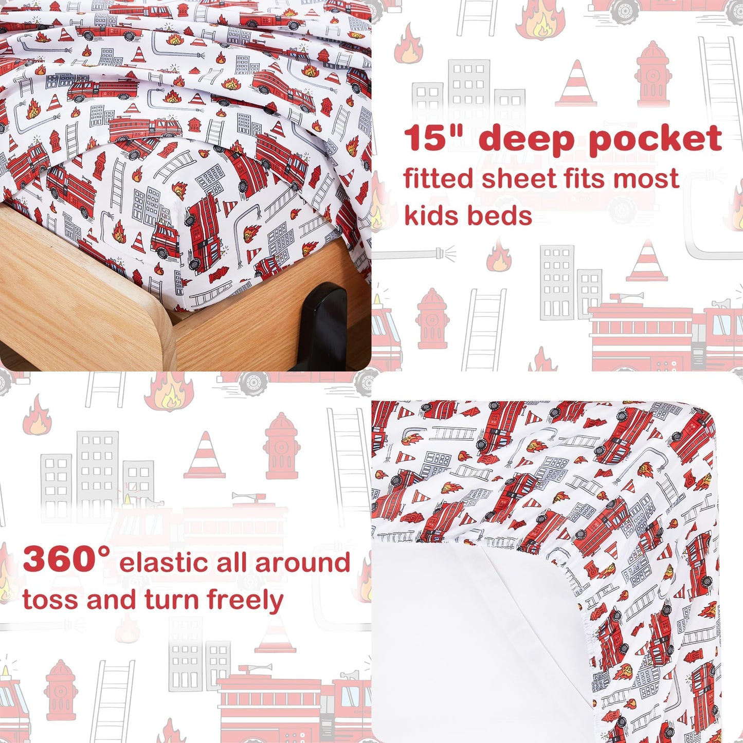 Softan Kids Bed Sheet Set, Boys Twin Size Sheets, Microfiber Kids Fitted Sheet and Pillowcase, Breathable and Silky Soft, 3 Piece Fire Engines Printed Twin Bed Sheet