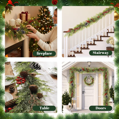 6FT Christmas Cedar Garland with Lights,Artificial Realistic Battery Operated Green Garland Christmas Decorations for Home Mantel Stairs Railing Dining Table Winter Decor