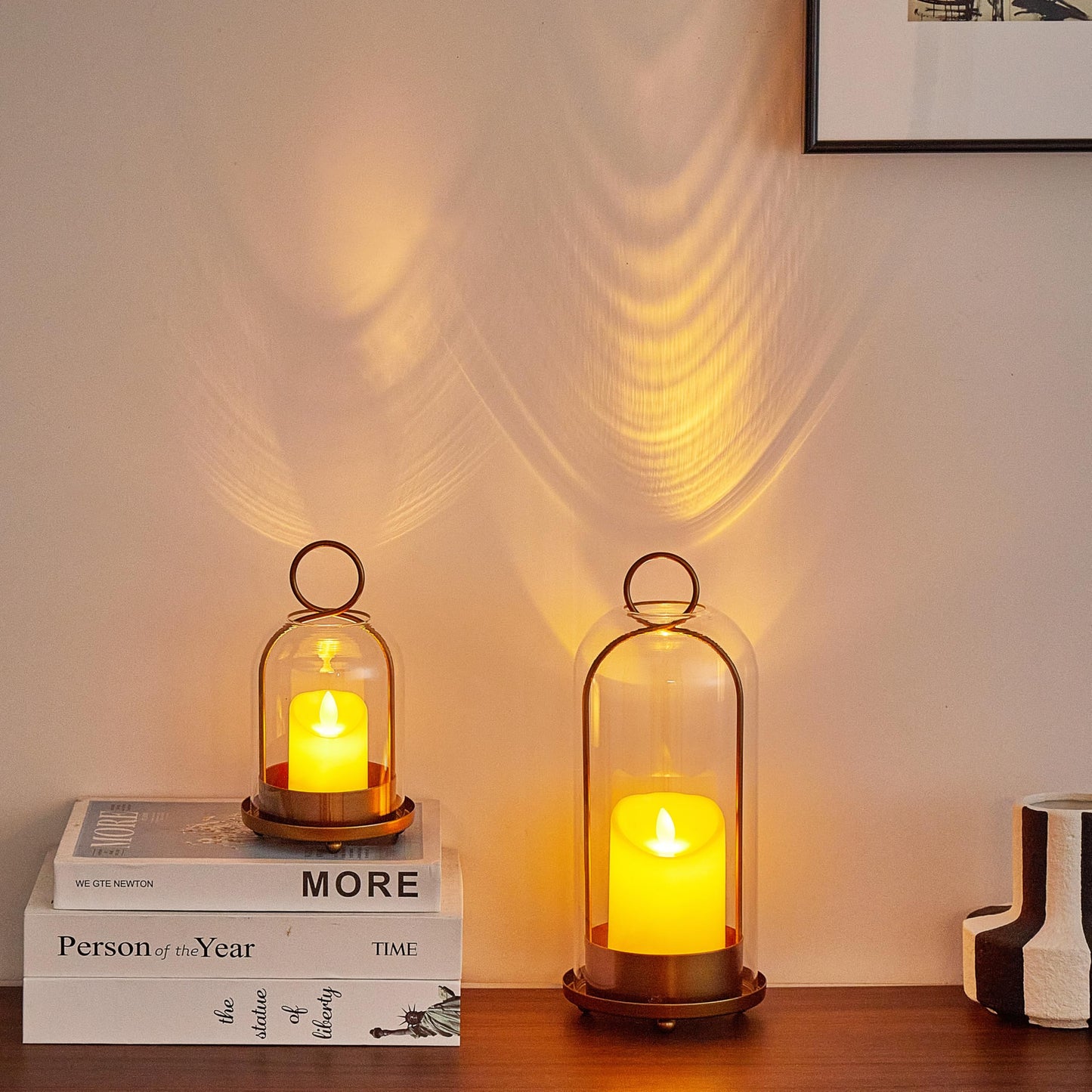 BUZFOWU Candle Holder Lanterns, Handcrafted Metal & Glass with Modern Aesthetic Design, Hurricane Pillar Candlestick Holders, Table or Hanging Decorations Set of 2, 5.1" & 4.4" Diameter, Gold
