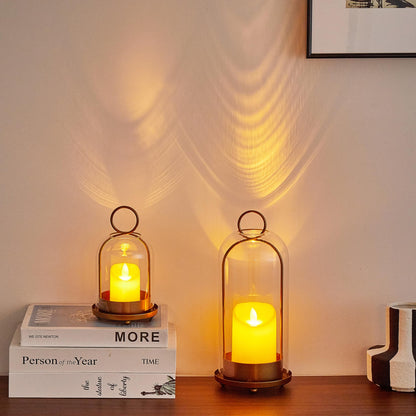 BUZFOWU Candle Holder Lanterns, Handcrafted Metal & Glass with Modern Aesthetic Design, Hurricane Pillar Candlestick Holders, Table or Hanging Decorations Set of 2, 5.1" & 4.4" Diameter, Gold