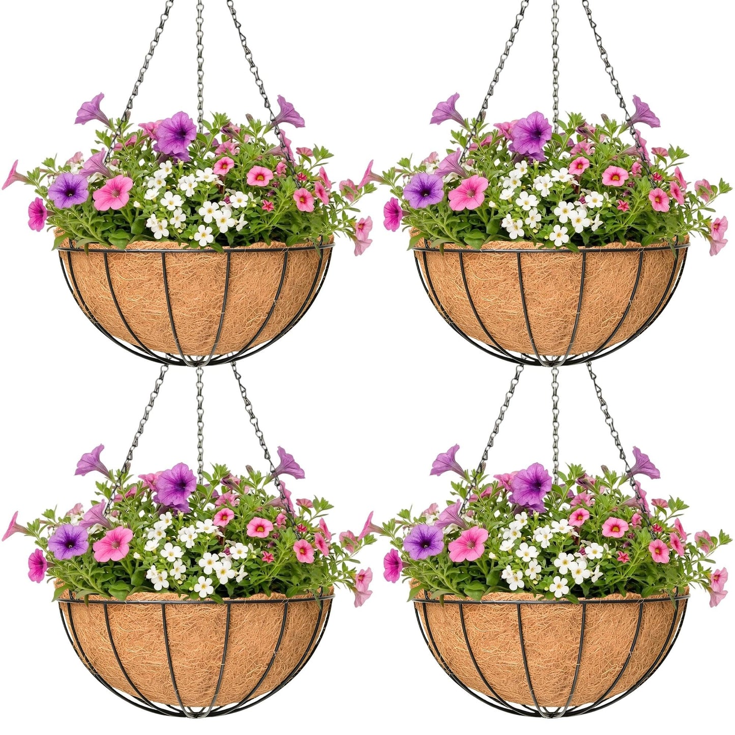 4 Pack Hanging Planter for Outdoor Plants 12 inch Metal Hanging Flower Basket with Coco Coir Liner Round Wire Plant Holder Chain Flower Pots Outdoor Garden Decoration Watering Hanging Baskets(XG)