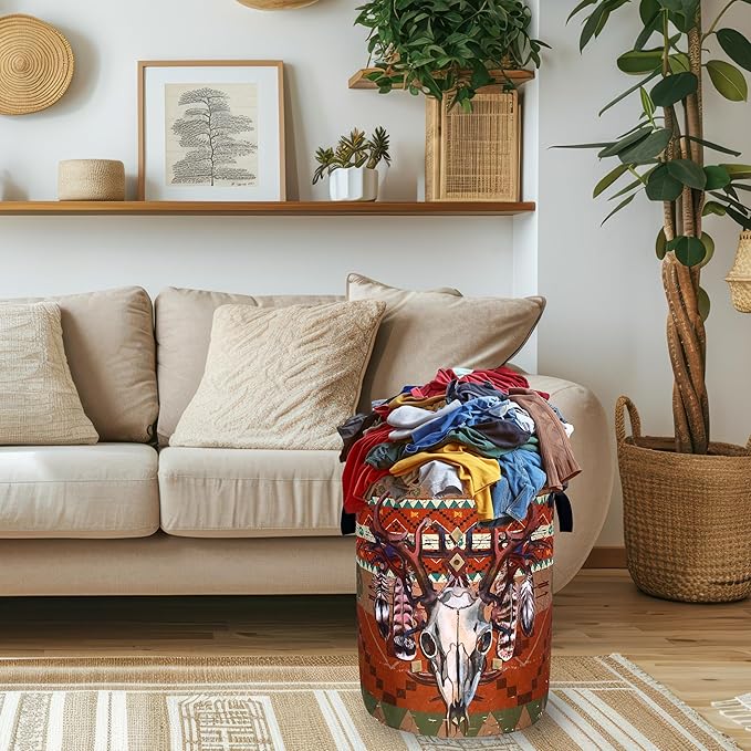 Longhorn Cattle Skull Laundry Basket Oxford Cloth Colorful Tribal Laundry Hamper