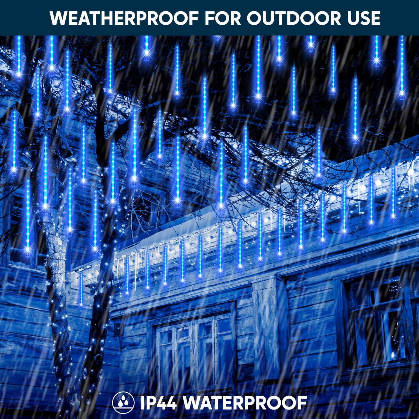 JOYIN Christmas Lights Outdoor,8 Tubes Meteor Shower Lights Blue,192 LEDs, Snowfall Icicle Cascading Rain Light for Christmas Tree Decorations, Wedding Party Holiday Decor