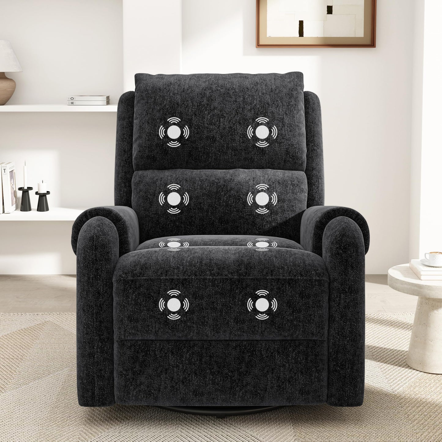 Christopher Knight Home Harper Massage Recliner Chair with 8 Modes, Chenille Upholstered Recliner Sofa, Swivel Massage Chair with a Side Storage Pocket for Living Room/Bedroom, Head Support, Black