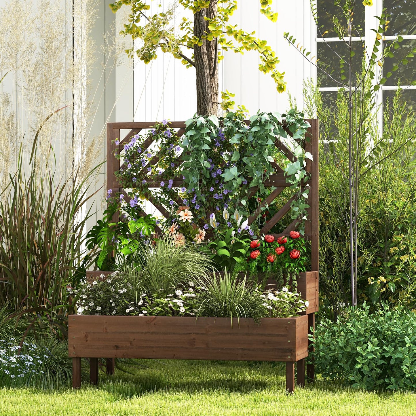 LDAILY Raised Garden Bed with Trellis & 2 Planter Boxes, 2-Tier Wooden Raised Bed with Bottom, Elevated Legs & 10 Drainage Holes, Gardening Planter Box for Flowers/Vegetables/Fruits in Backyard Patio