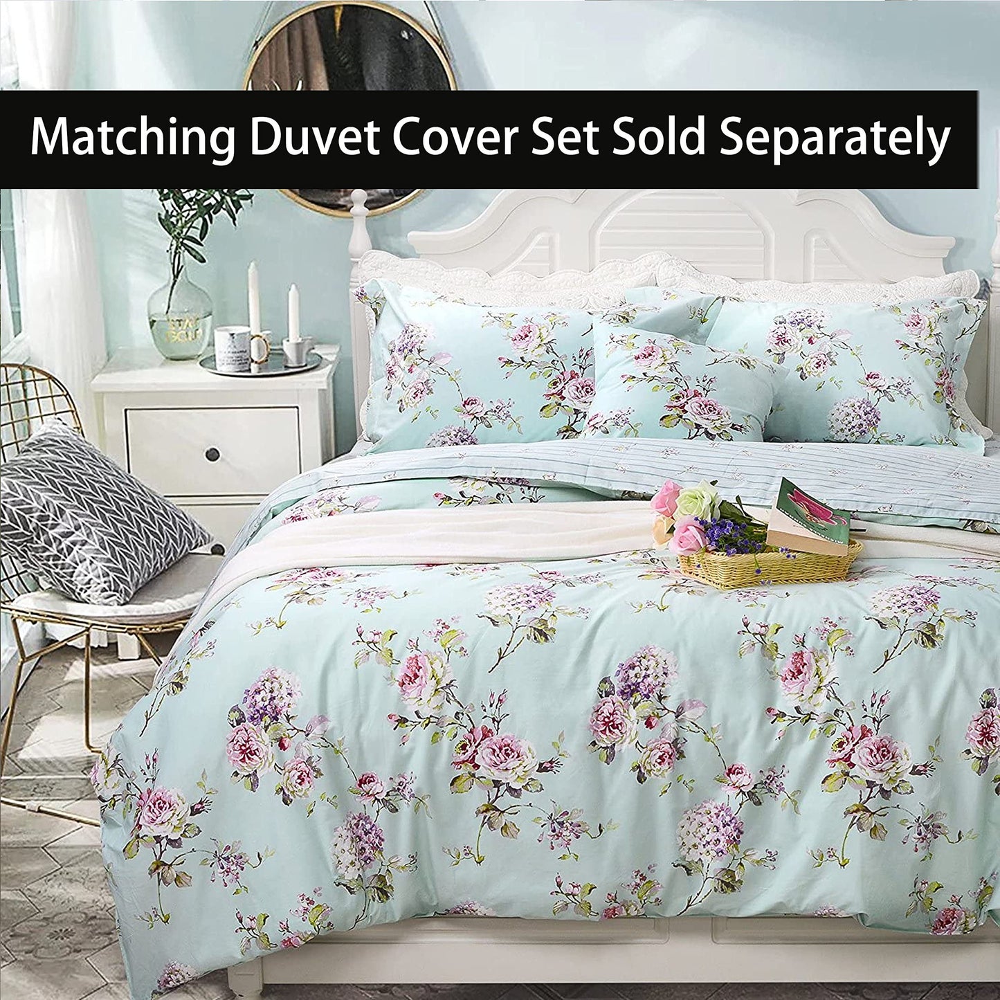 FADFAY Premium 100% Cotton Floral Sheet Set Queen – French Country Rose & Hydrangea Botanical Bedding, Ultra Soft Breathable Vintage Garden Bed Sheets, Deep Pocket Fitted Sheet, 4-Piece