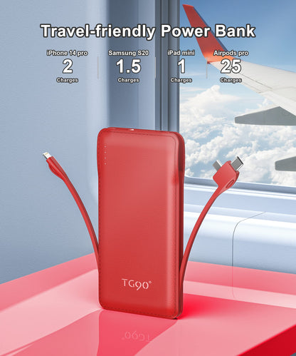 TG90° Portable Charger 10000mah Cell Phone Battery Backup, Ultra Slim Power Bank with Built in Lightning and USB-C Cable, Portable Phone Charger Battery Packs Compatible with iPhone Android Phones