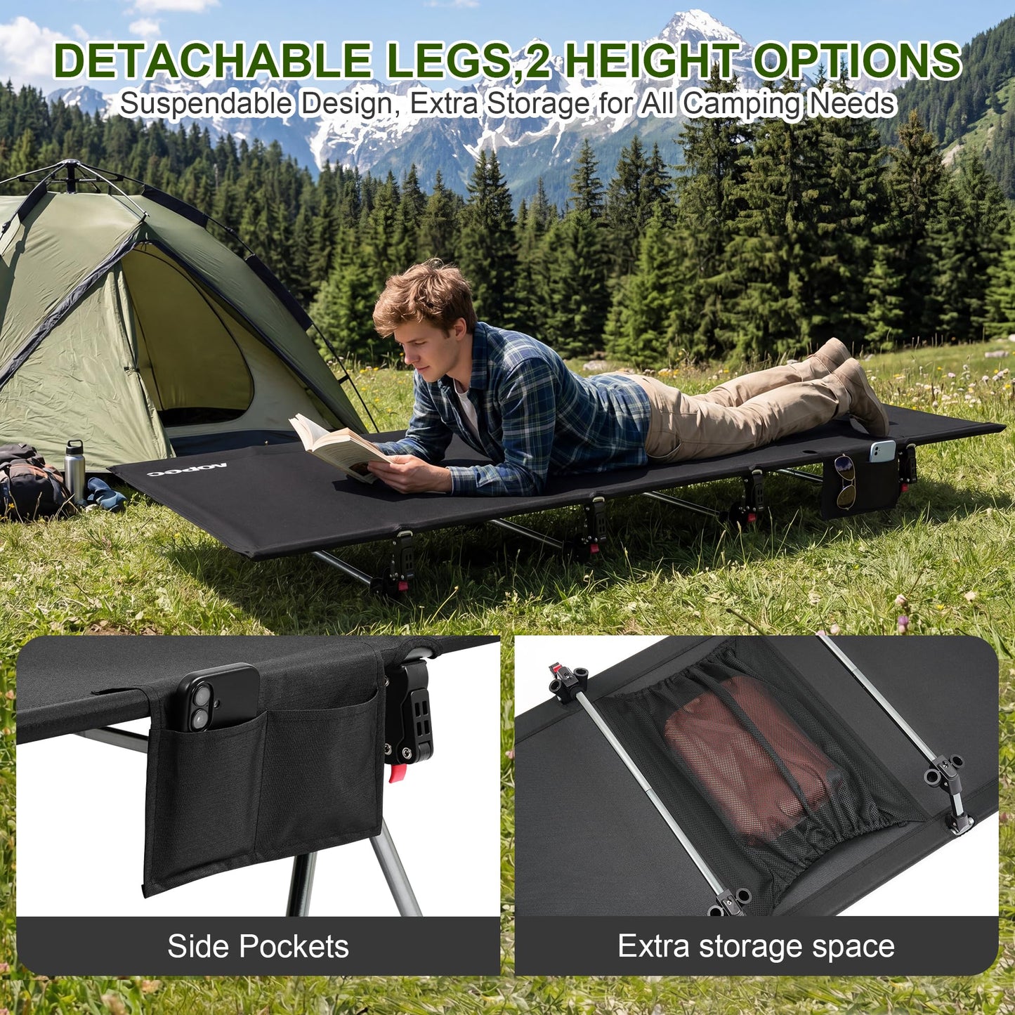 AOPEC 87" Camping Cot, Heavy Duty 400lbs Capacity, Adjustable Height with Leg Extenders, Lightweight Aluminum Frame Portable Folding Bed for Camping,Travel, Beach, Office Nap